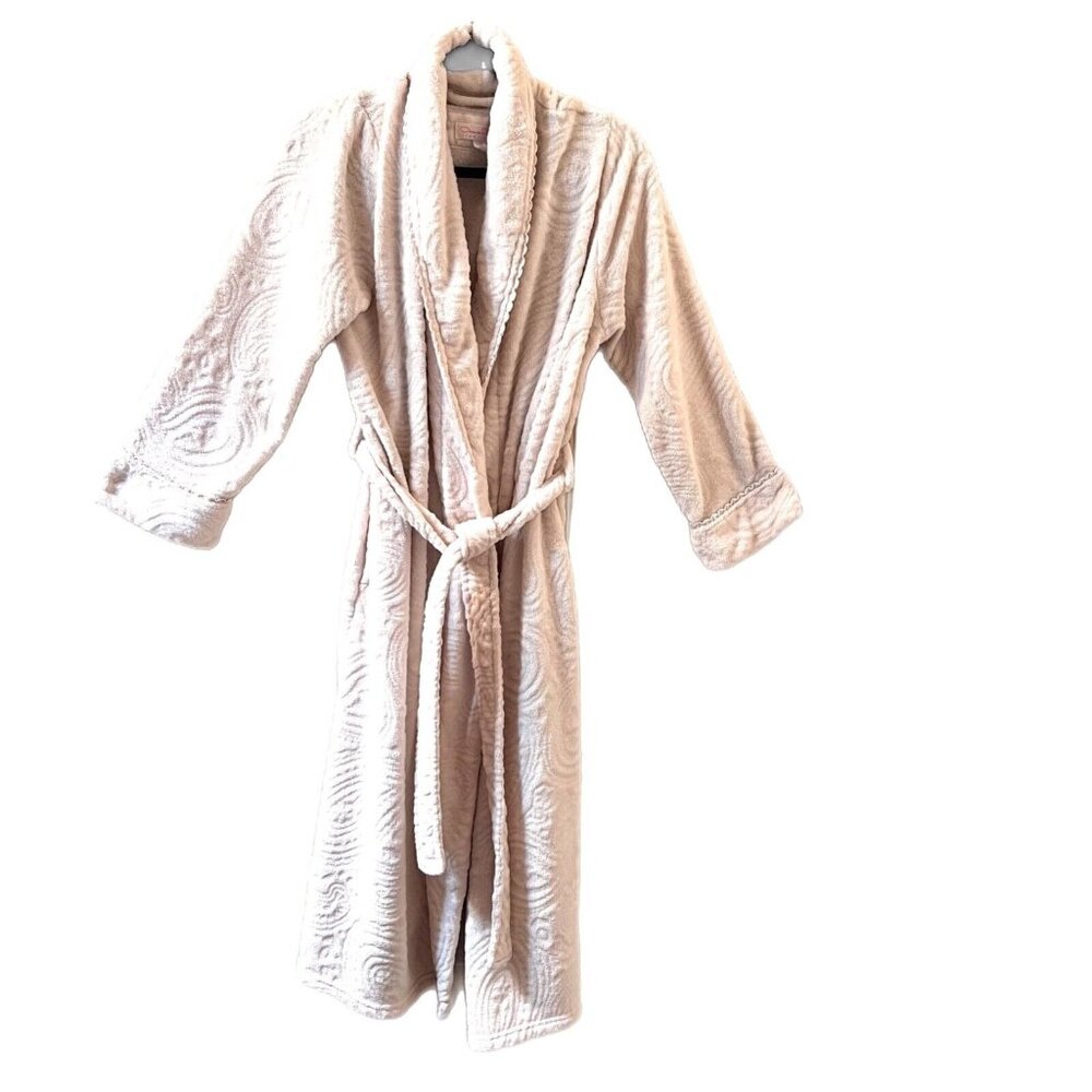 Oscar de la Renta Ivory Cream Plush Robe Womens S Pockets Embossed Pink Label